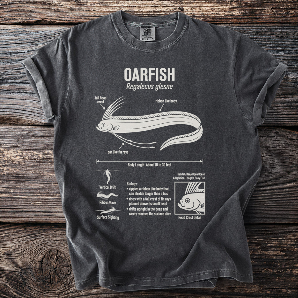 Dark gray t-shirt with OARFISH diagram showing features and biology.