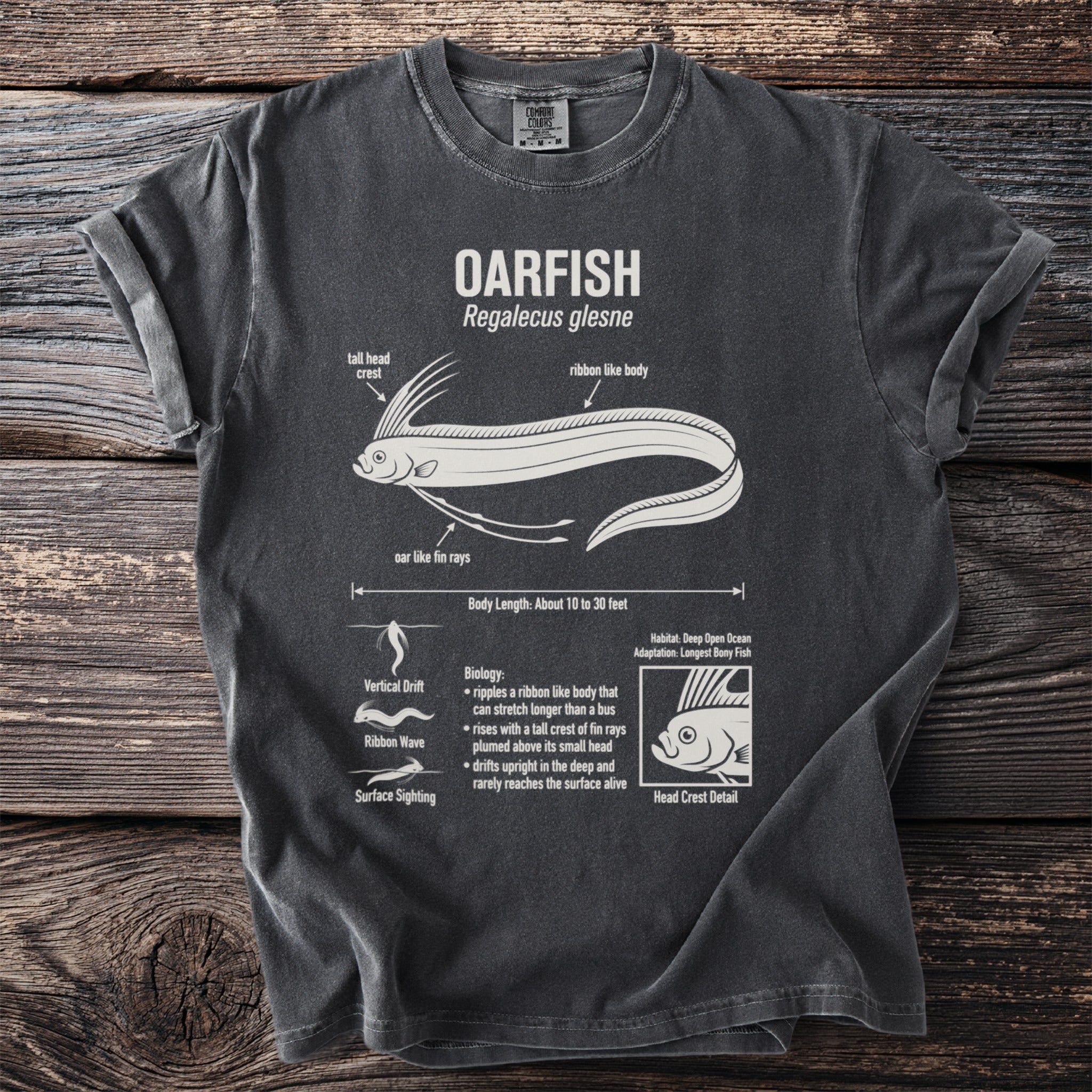 Dark gray t-shirt with OARFISH diagram showing features and biology.