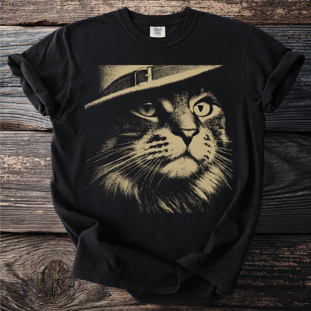 Black t-shirt with a sepia-toned illustration of a cat wearing a hat.