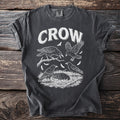 Dark grey t-shirt with white graphic of the word "CROW" and four crows.