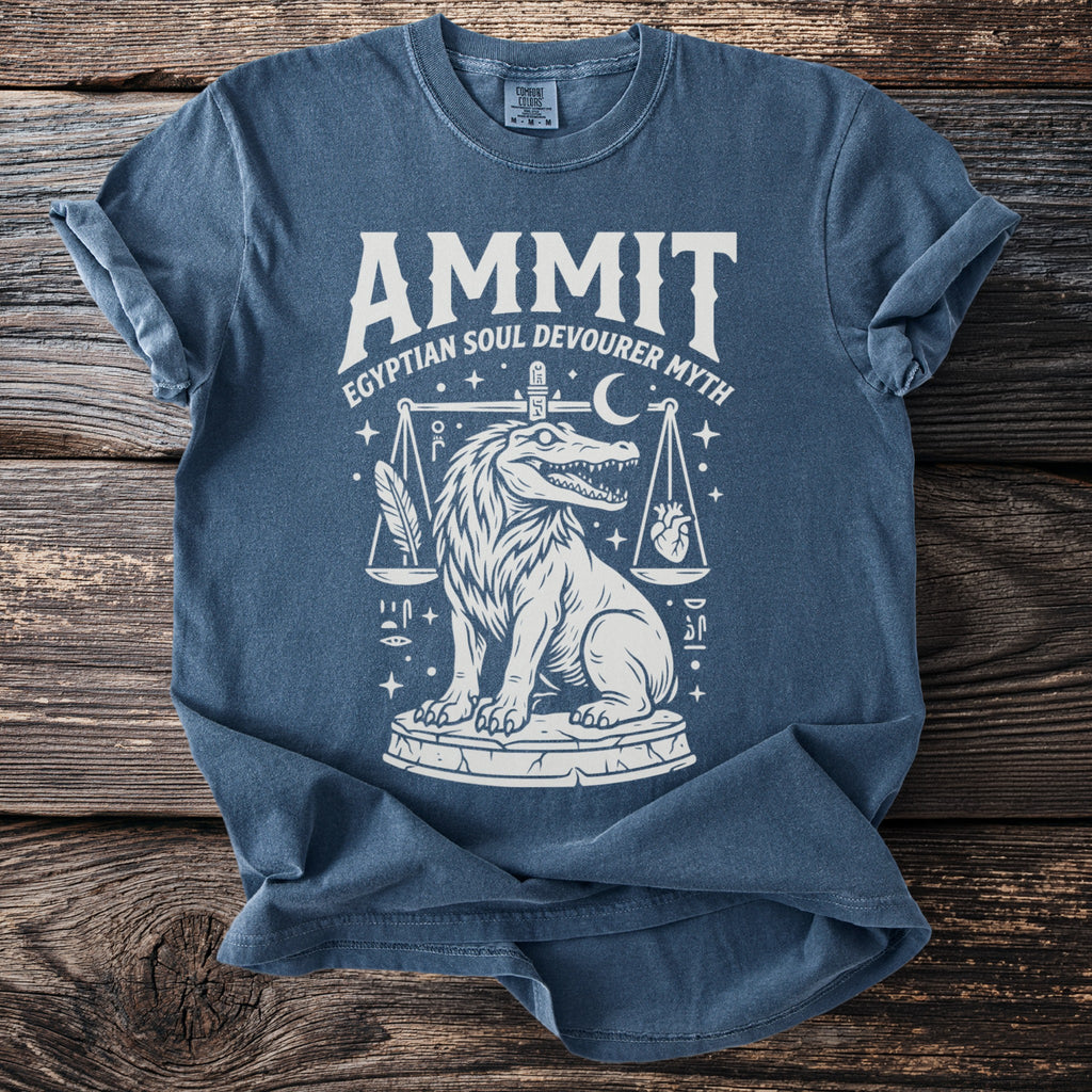 Blue t-shirt with "Ammit Egyptian Soul Devourer Myth" and Ammit artwork.