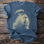 Blue t-shirt with a light brown drawing of a groundhog wearing a hat.