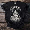 Black t-shirt with Siren Greek sea nymph mythology design featuring a mermaid playing a lyre.