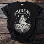 Black t-shirt with Siren Greek sea nymph mythology design featuring a mermaid playing a lyre.
