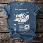 Blue t-shirt with Regal Jumping Spider illustration and informational text.