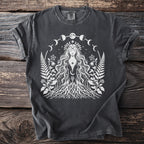 Dark grey t-shirt with white illustration of a female figure surrounded by moon phases and foliage.