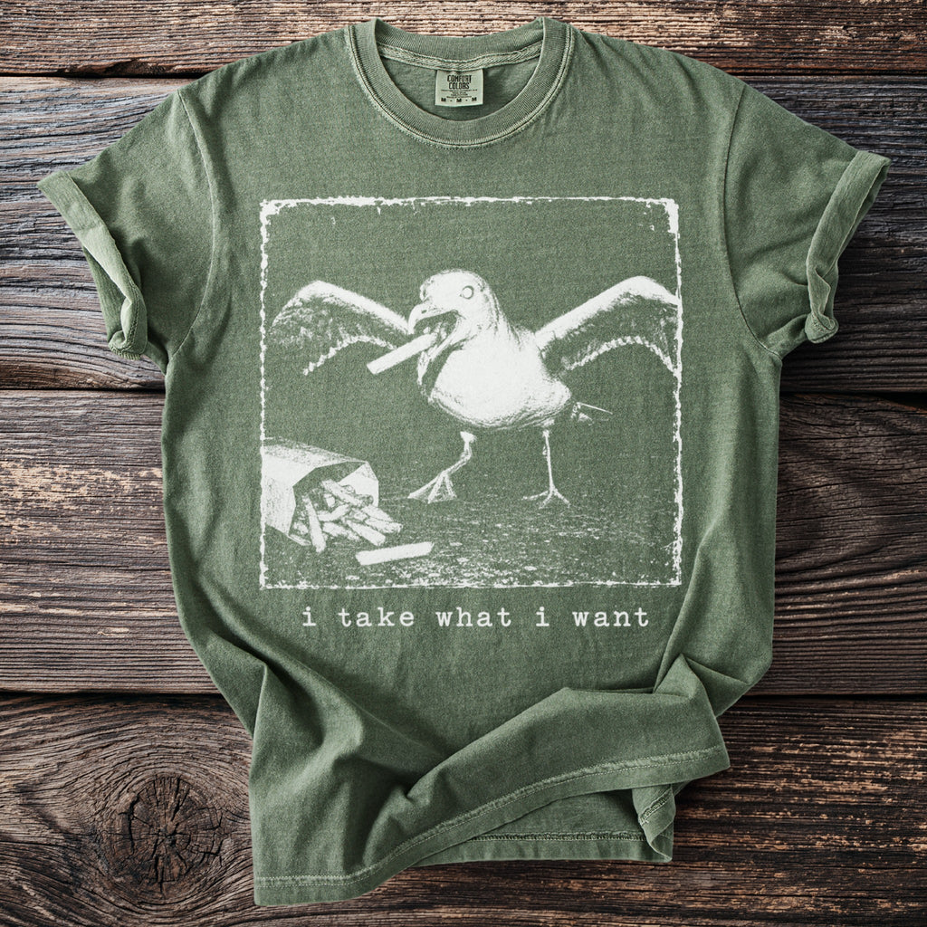 Green t-shirt with a distressed screen print of a seagull eating french fries and the text "i take what i want".