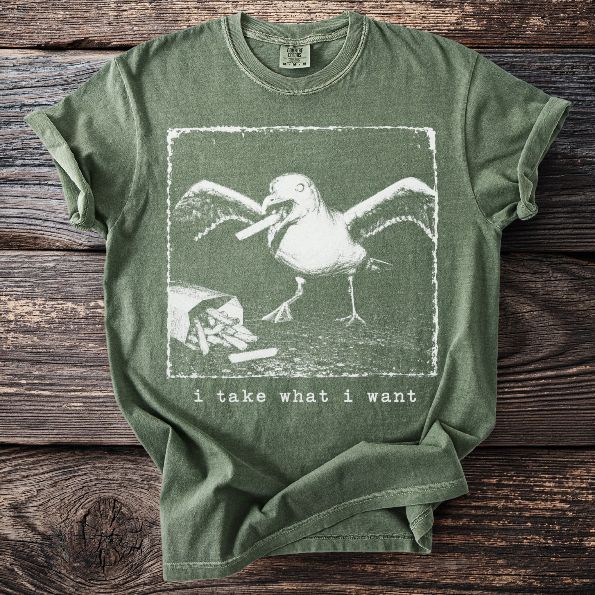 Green t-shirt with a distressed screen print of a seagull eating french fries and the text "i take what i want".
