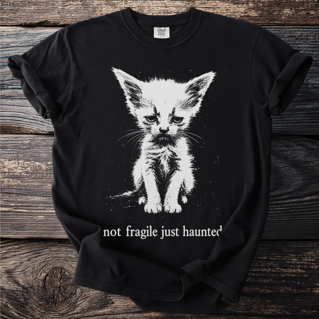 Black t-shirt with distressed white graphic of a sad cat and the text "not fragile just haunted".