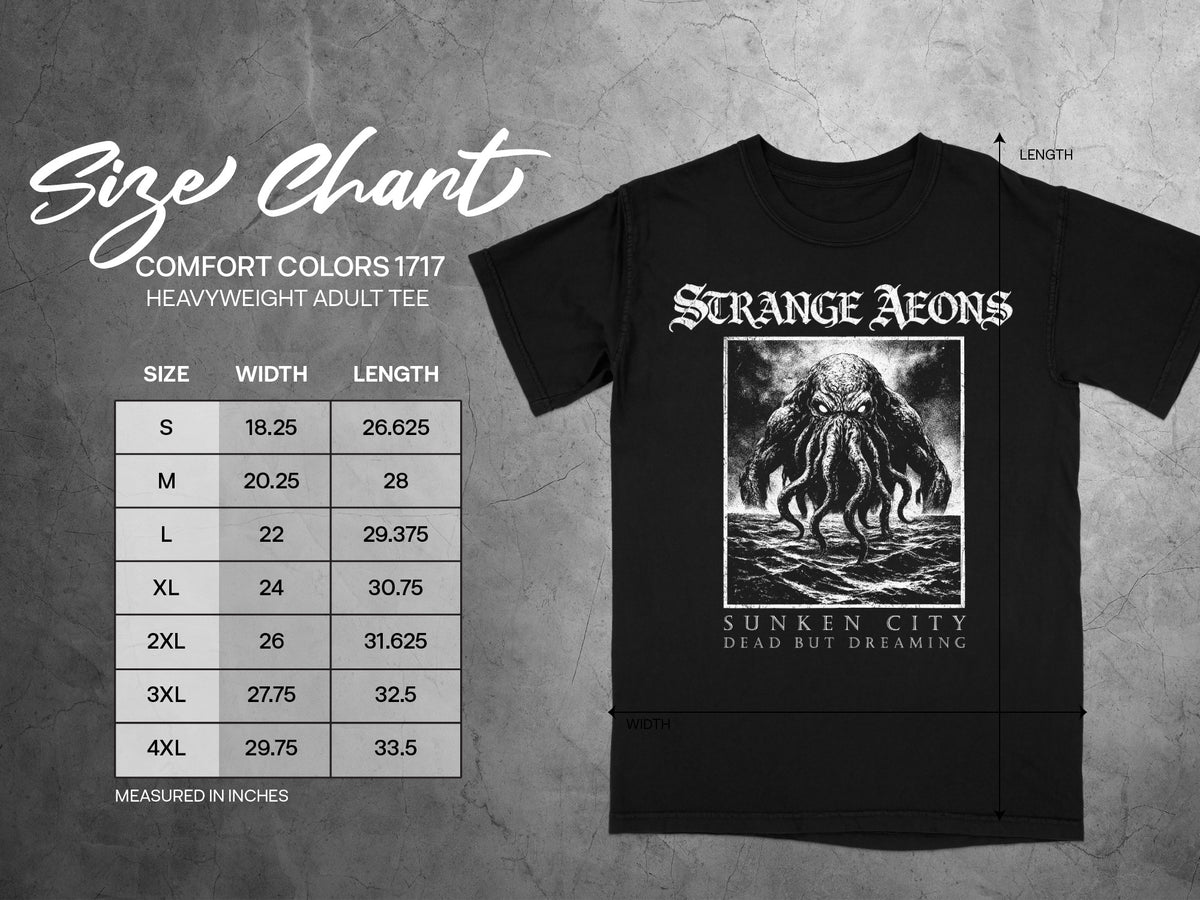 Size chart for black Strange Aeons heavyweight adult tee with tentacled monster graphic.