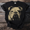 Black t-shirt with a close-up graphic of a bulldog's face wearing a spiked collar.