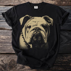 Black t-shirt with a close-up graphic of a bulldog's face wearing a spiked collar.