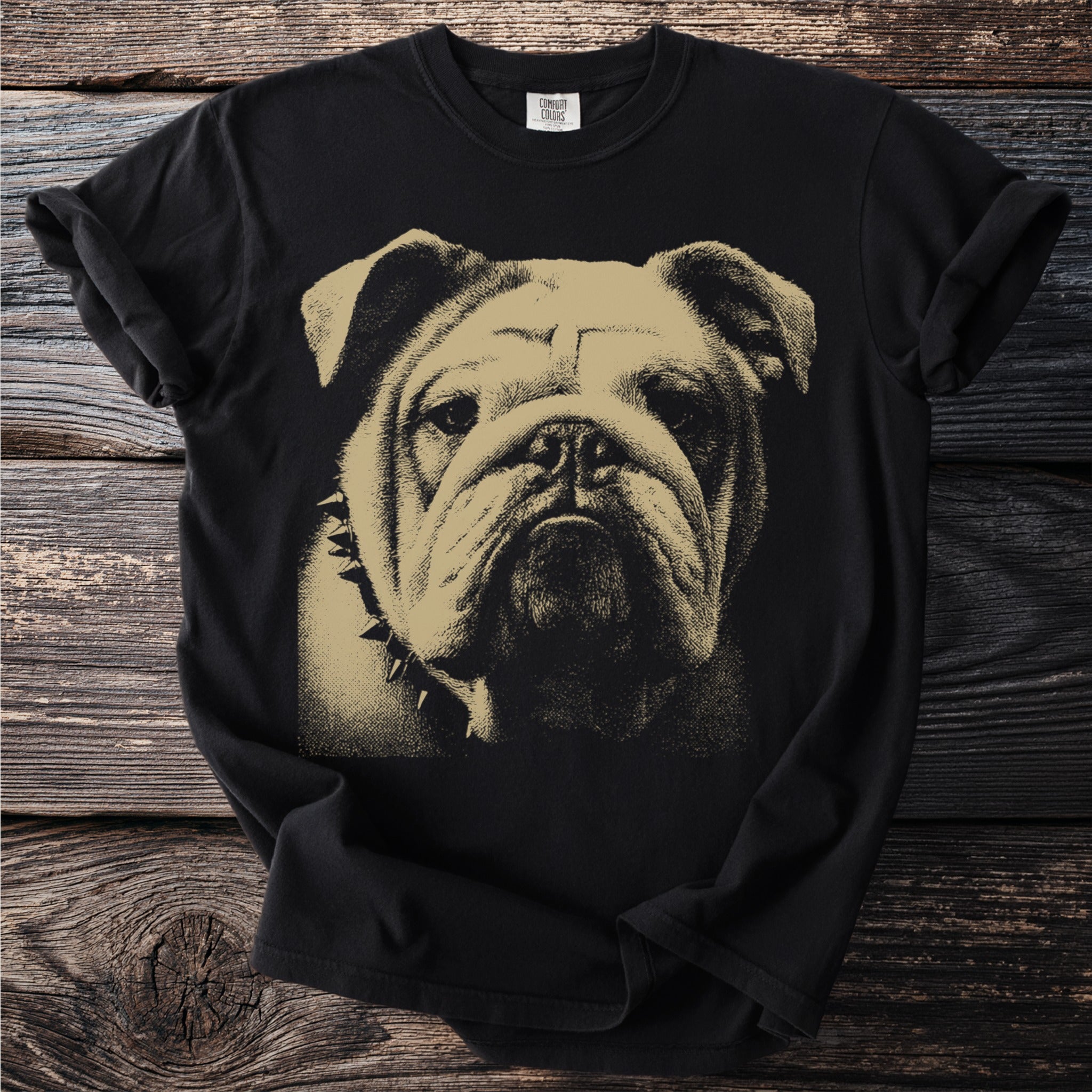 Black t-shirt with a close-up graphic of a bulldog's face wearing a spiked collar.