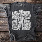 Dark grey t-shirt with white graphic depicting a half-man, half-wolf figure.