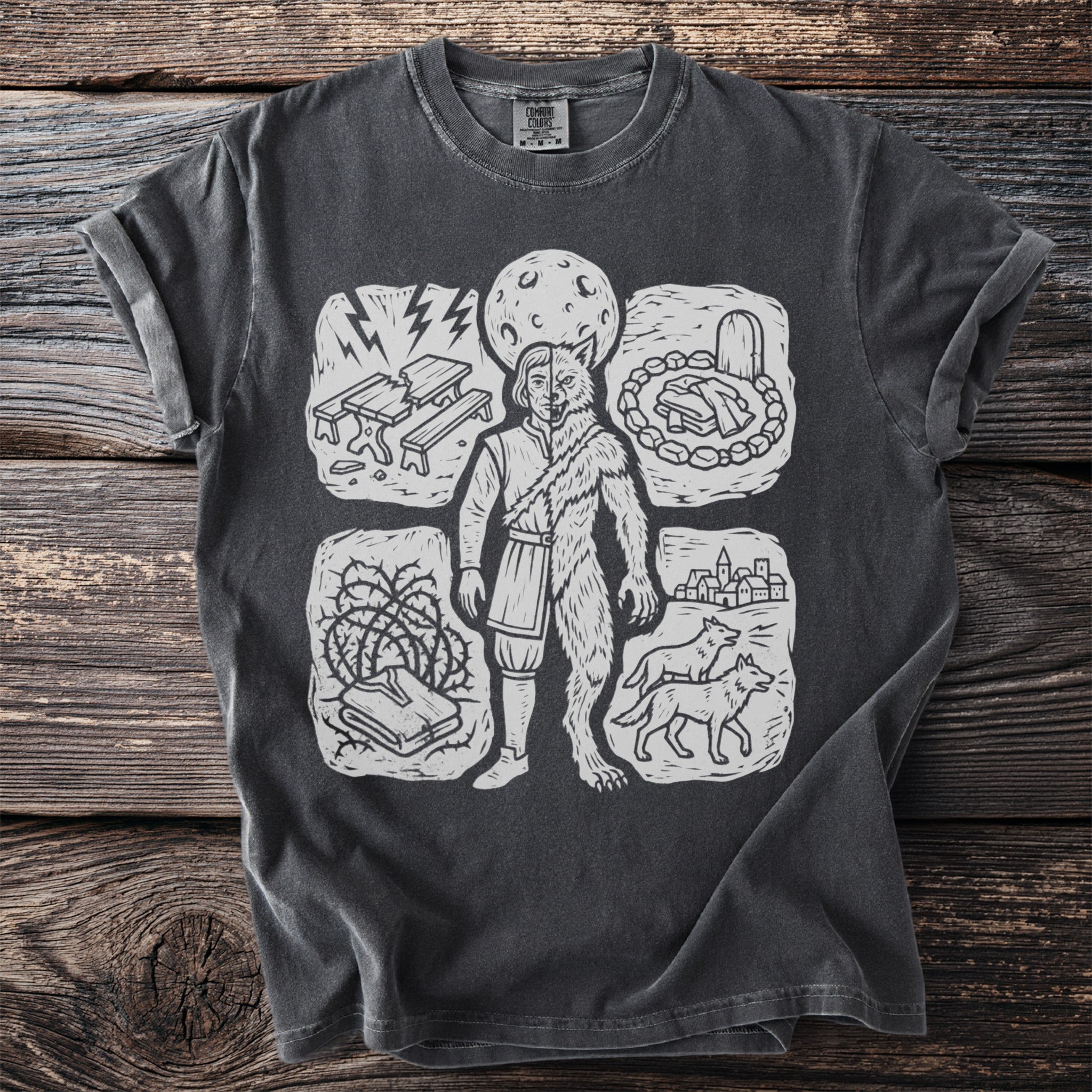 Dark grey t-shirt with white graphic depicting a half-man, half-wolf figure.