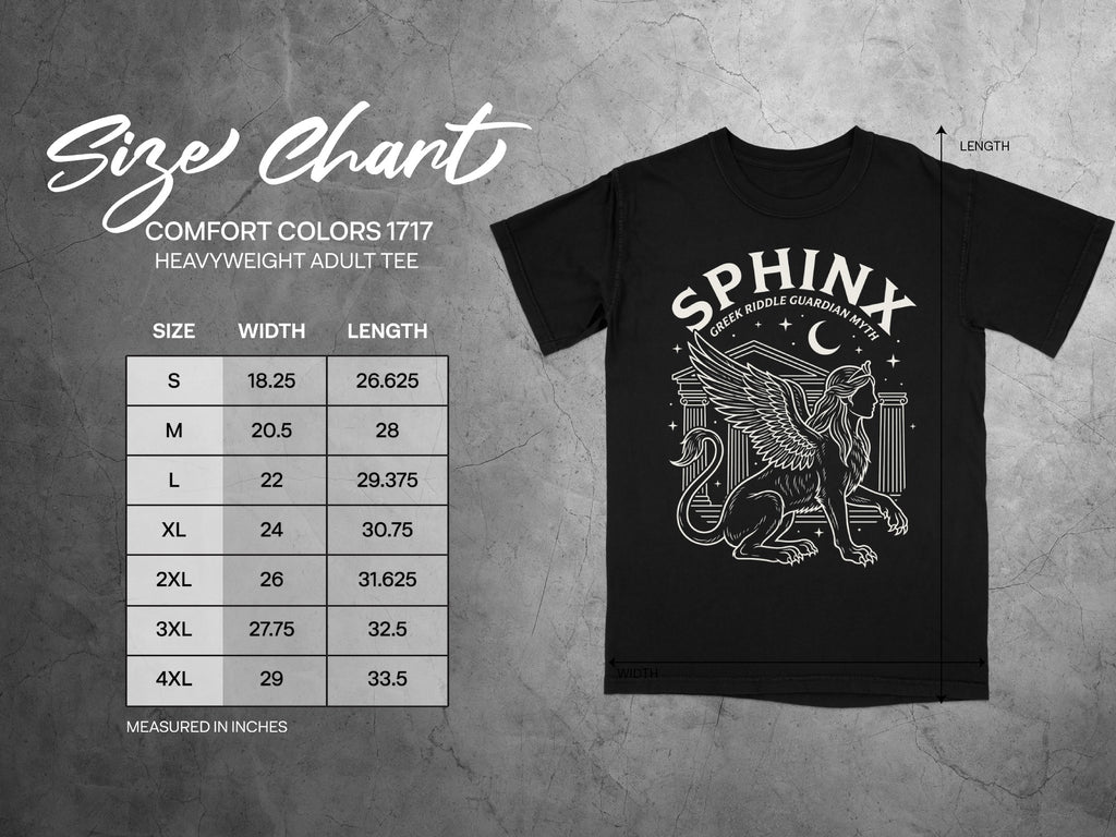 Comfort Colors 1717 garment size chart in inches.