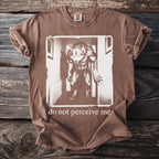 Brown t-shirt with a werewolf graphic and the text "do not perceive me".