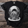Black t-shirt with a vintage diving helmet and octopus tentacles illustration.