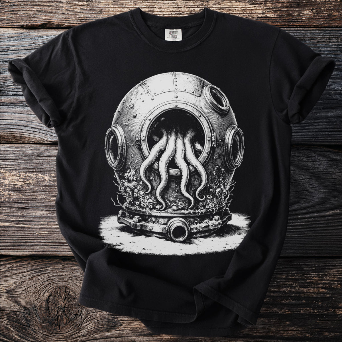 Black t-shirt with a vintage diving helmet and octopus tentacles illustration.