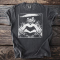 Dark gray t-shirt with a black and white graphic of a scarecrow making a heart shape with its hands.