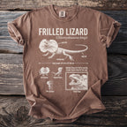 Brown t-shirt with a vintage illustration of a frilled lizard and labeled anatomy.