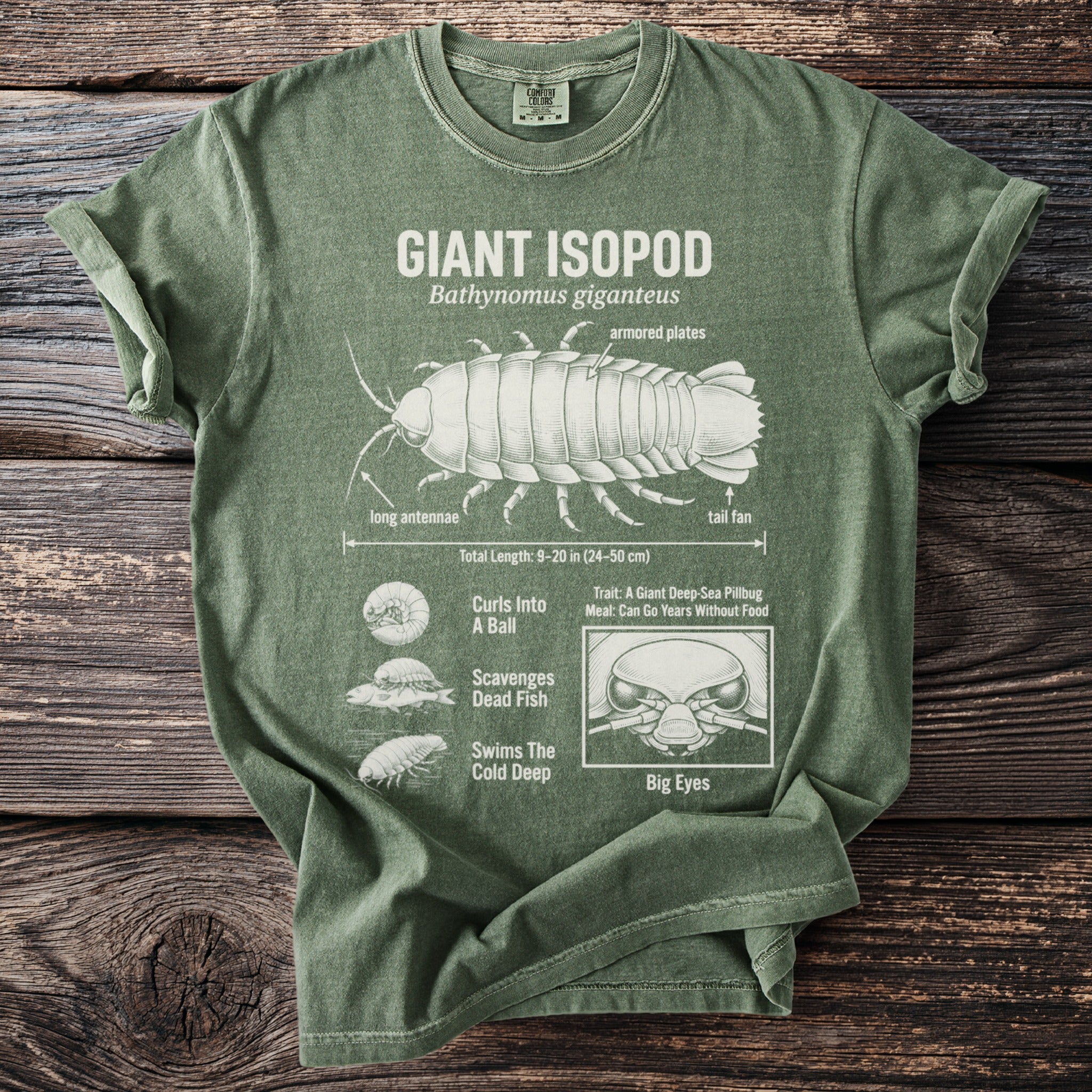 Olive green t-shirt with Giant Isopod diagram details.