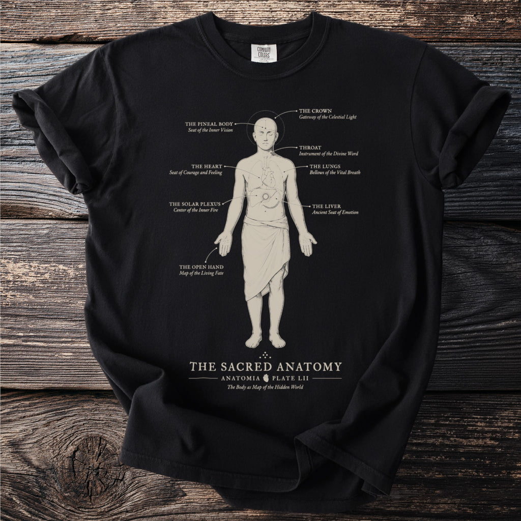 Black t-shirt with anatomical diagram of the human body titled "The Sacred Anatomy."