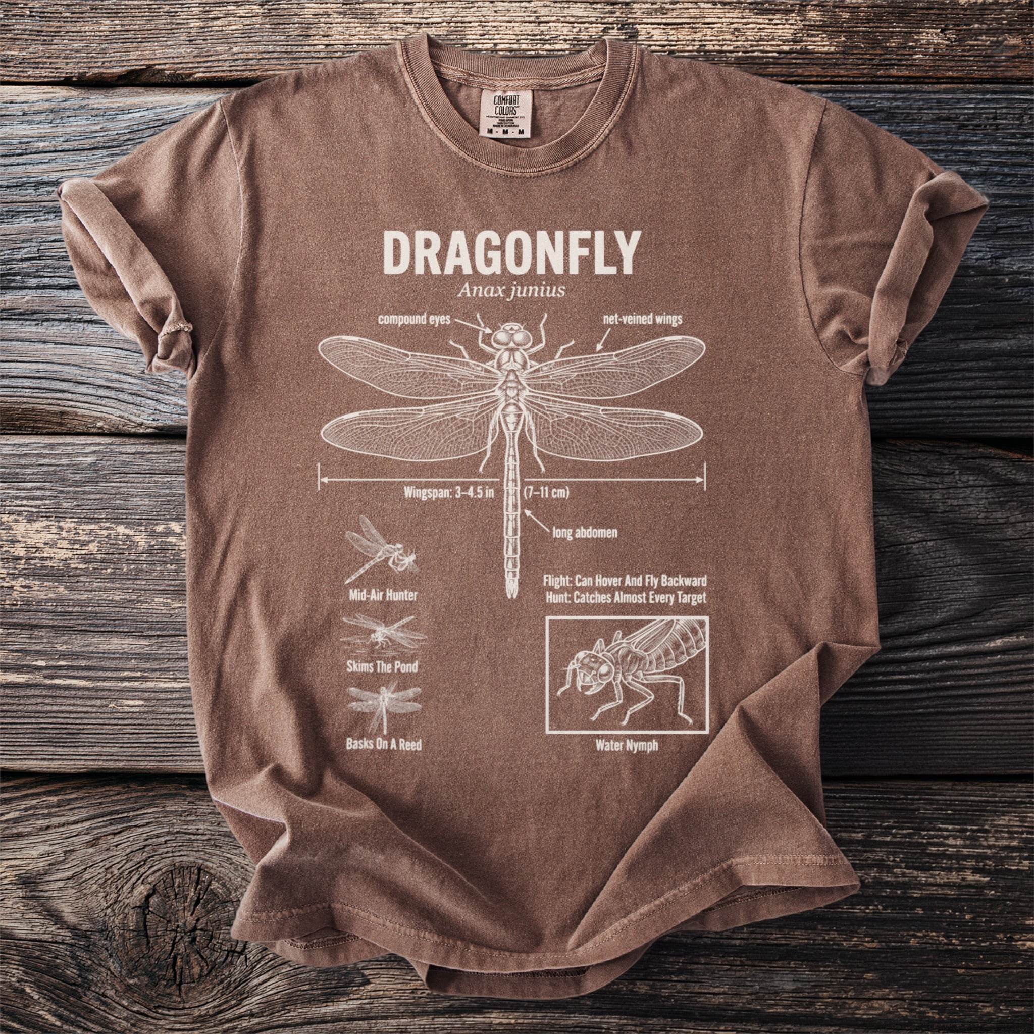 Brown t-shirt with white dragonfly anatomy illustration and text.