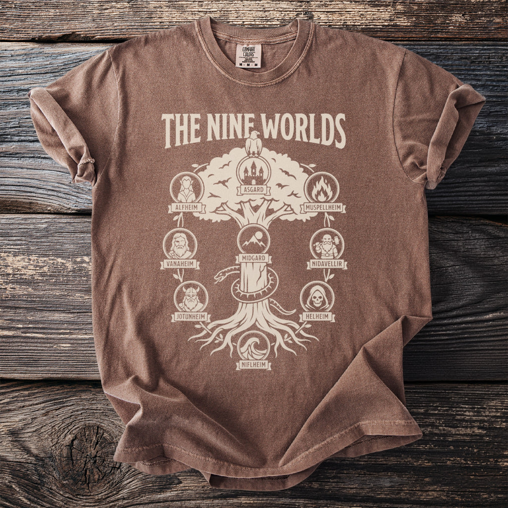 Brown t-shirt with "The Nine Worlds" Norse mythology tree graphic and labels.