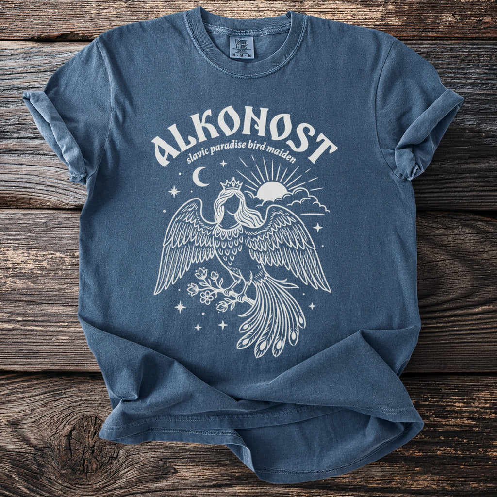 Alkonost Slavic paradise bird maiden graphic t-shirt in denim blue.