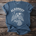 Alkonost Slavic paradise bird maiden graphic t-shirt in denim blue.