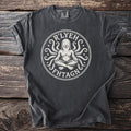 Dark gray t-shirt with white R'LYEH FHTAGN graphic of seated figure with tentacles.
