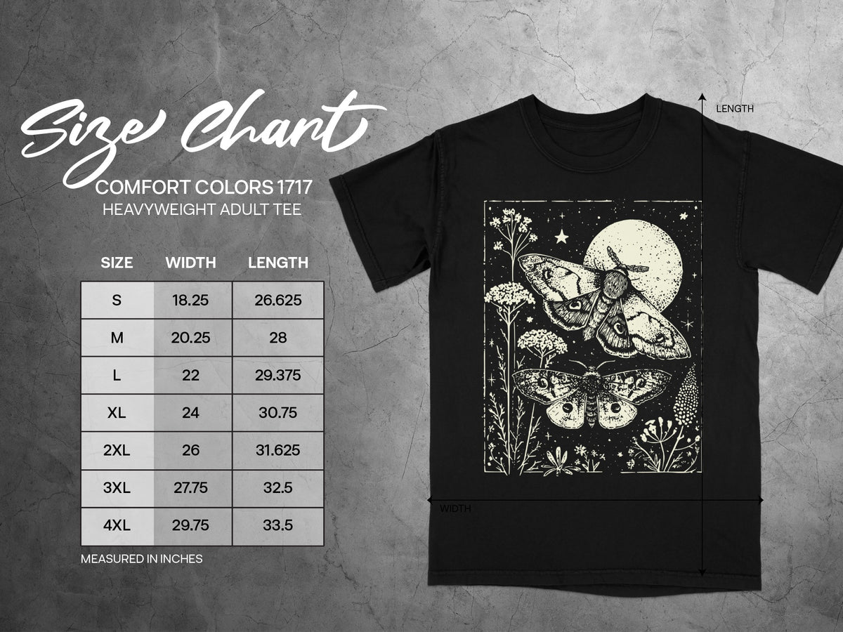 Comfort Colors 1717 heavyweight adult tee size chart with moth graphic.