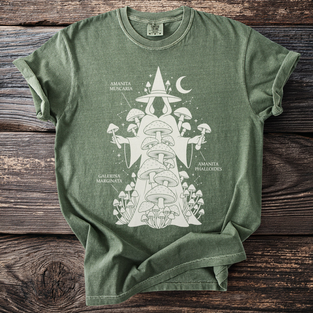 Green t-shirt with graphic of a wizard holding mushrooms and labeled mushroom species.