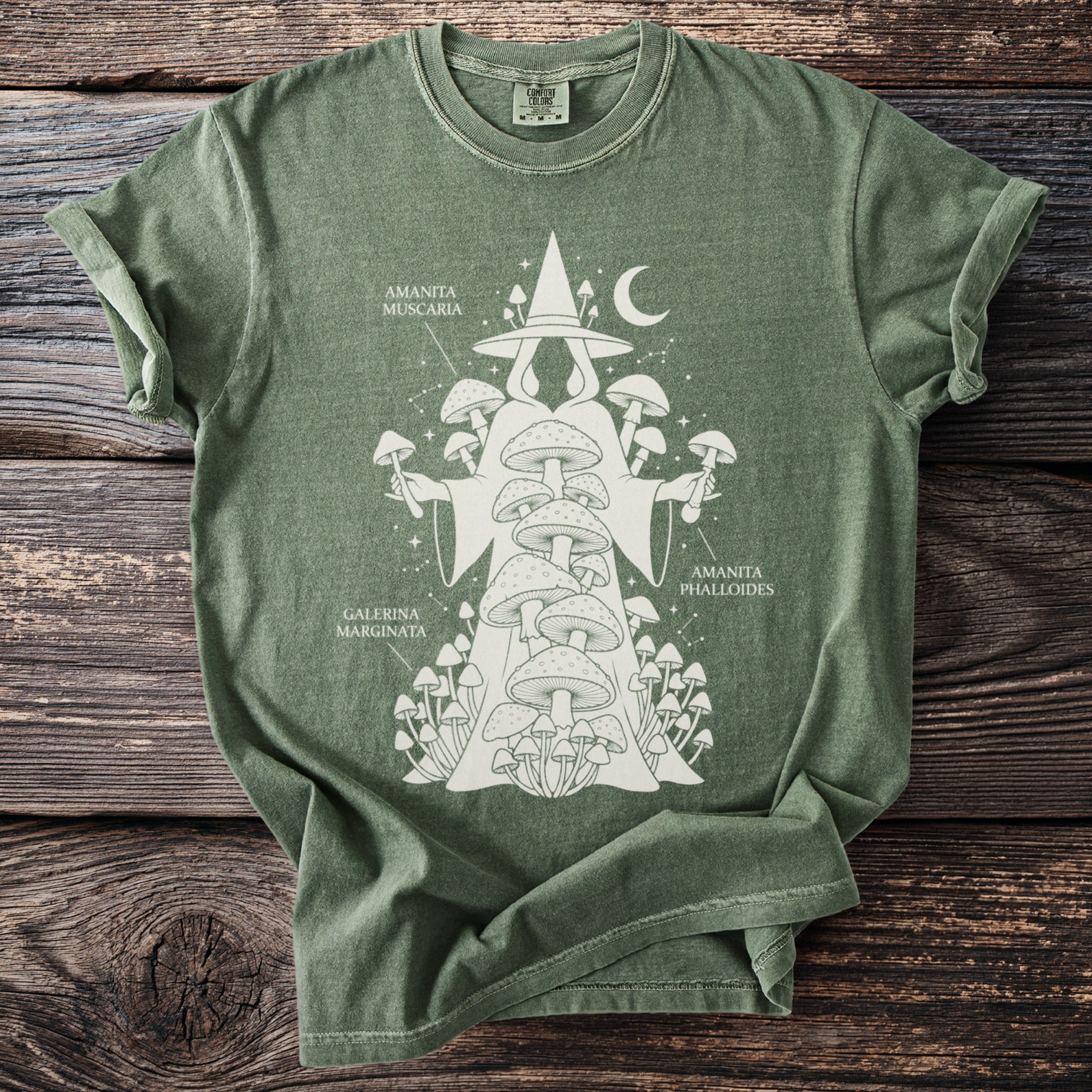 Green t-shirt with graphic of a wizard holding mushrooms and labeled mushroom species.