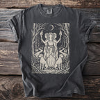 Dark grey t-shirt with a print of three figures holding torches, a crescent moon, and two dogs.