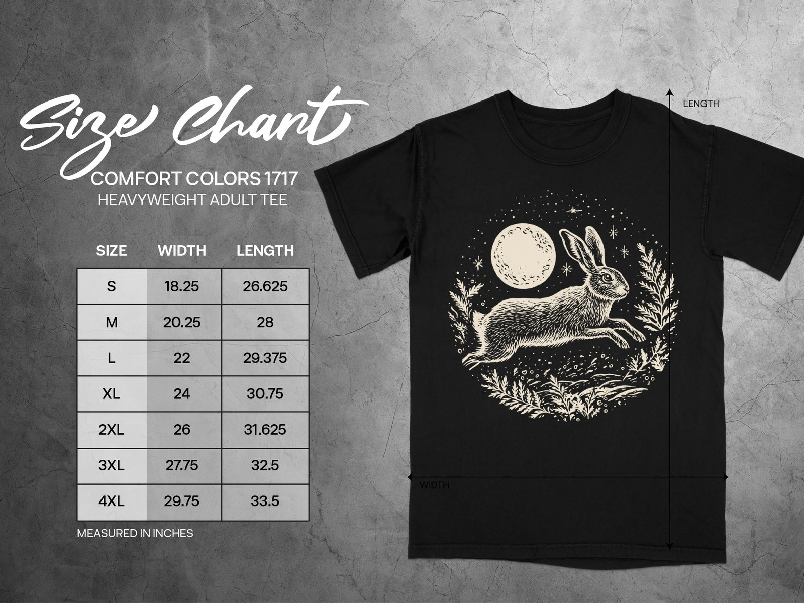 Comfort Colors 1717 heavyweight adult tee size chart with rabbit and moon graphic.