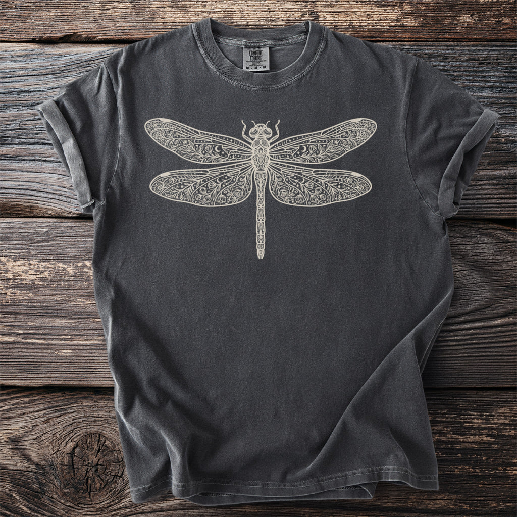 Dark gray t-shirt with an ornate cream-colored dragonfly graphic.
