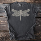 Dark gray t-shirt with an ornate cream-colored dragonfly graphic.