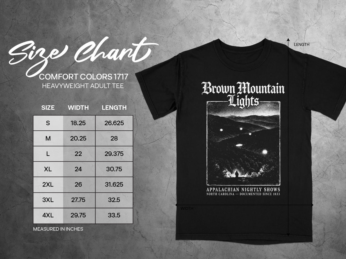 Black Comfort Colors 1717 heavyweight adult tee size chart with "Brown Mountain Lights" graphic.