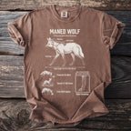 Brown t-shirt with a scientific illustration of a maned wolf and its characteristics.