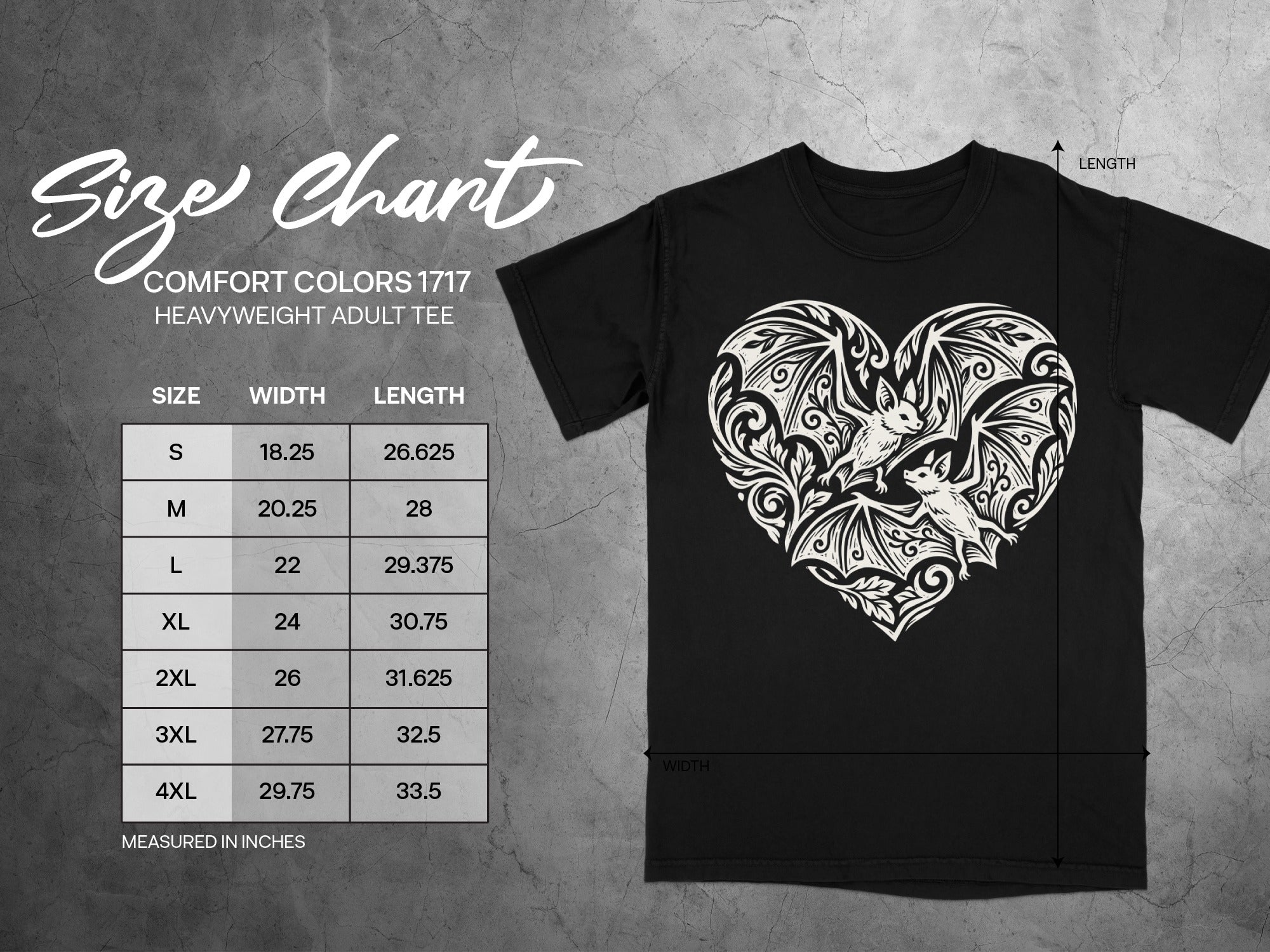 Comfort Colors 1717 Heavyweight adult tee size chart with bat heart graphic.