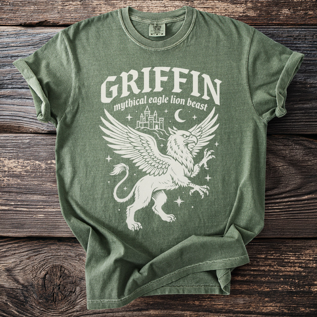 Green t-shirt with white griffin graphic and text "GRIFFIN".