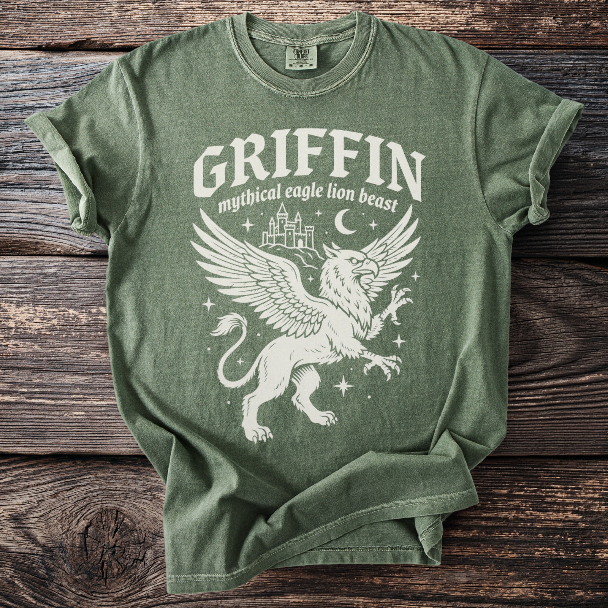 Green t-shirt with white griffin graphic and text "GRIFFIN".