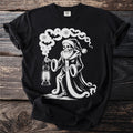 Skeleton in Santa hat and coat holding a lantern, with bats and snowflakes.