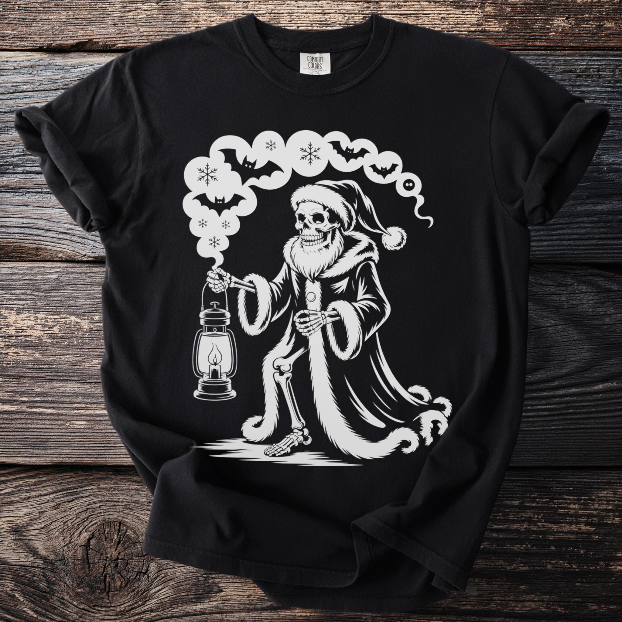 Skeleton in Santa hat and coat holding a lantern, with bats and snowflakes.