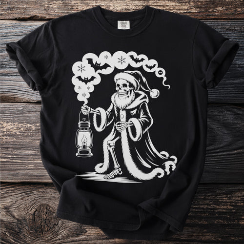 Skeleton in Santa hat and coat holding a lantern, with bats and snowflakes.