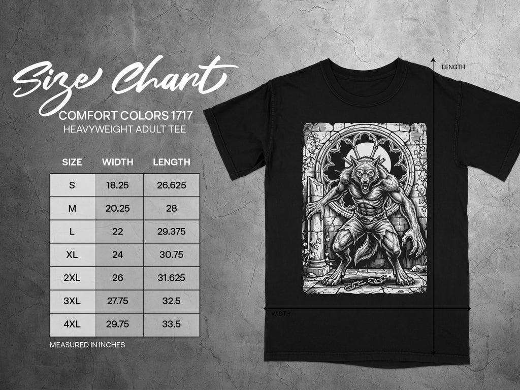 Comfort Colors 1717 heavyweight adult tee size chart showing width and length in inches.