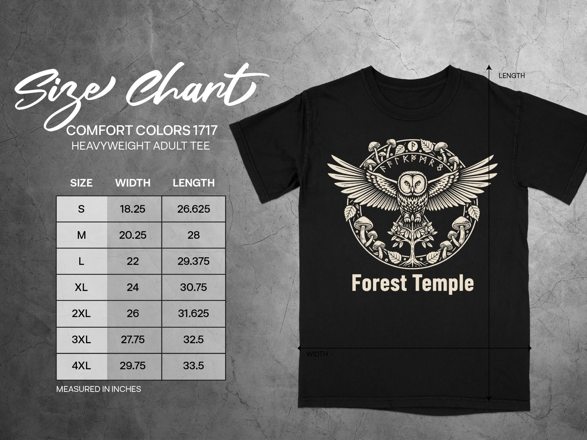 Comfort Colors 1717 heavyweight adult tee size chart with "Forest Temple" graphic.