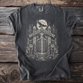 T-shirt with a dark grey graphic depicting wolves, a gateway, and a bird under a full moon.